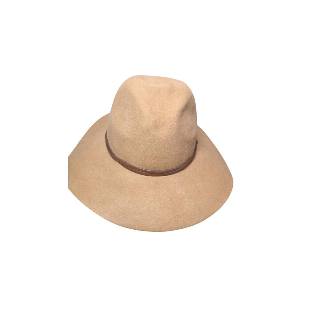 Tan Wide-Brim Wool Fedora Hat Brown Leather Band 100% Wool Size‎ OS Unisex